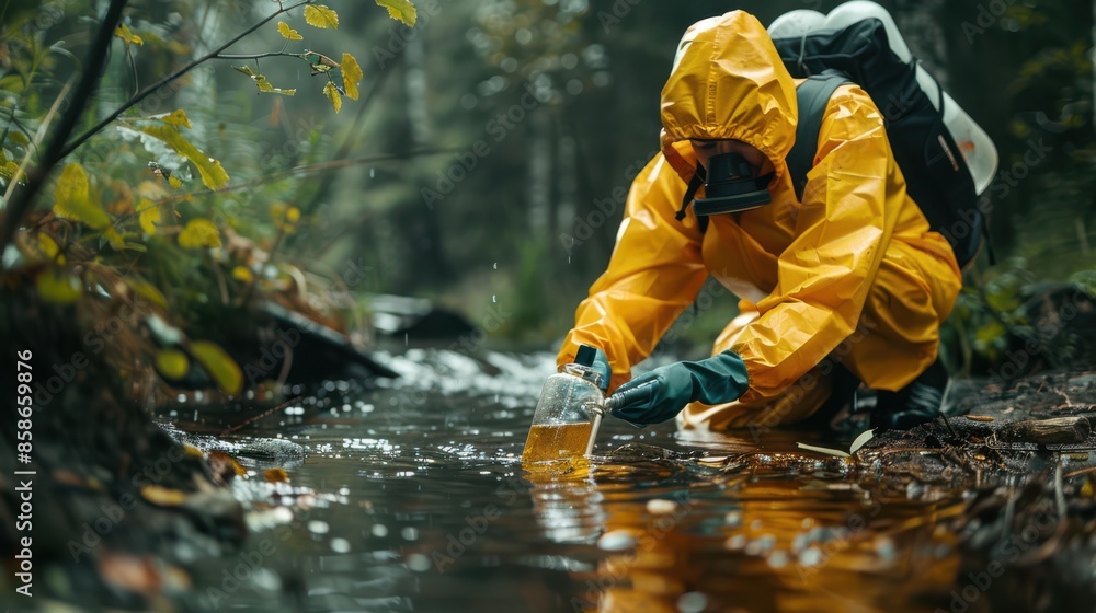A person in a yellow raincoat is collecting water from a stream A person in a yellow raincoat is collecting water from a stream