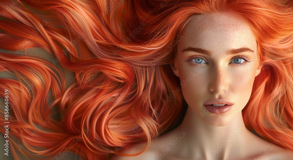A woman with long, flowing red hair is posing for the camera in her beauty salon studio. She has vibrant orange and pink highlights that highlight each strand of her voluminous hair A woman with long, flowing red hair is posing for the camera in her beauty salon studio. She has vibrant orange and pink highlights that highlight each strand of her voluminous hair