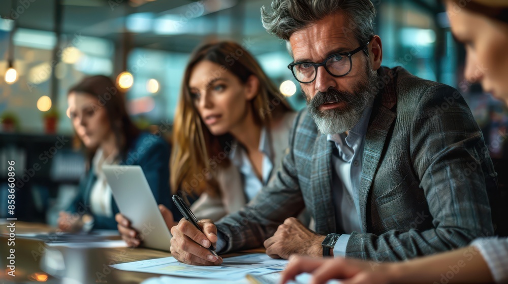 A man with glasses is writing on a piece of paper while two women look on A man with glasses is writing on a piece of paper while two women look on