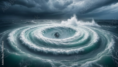 A deep whirlpool in the ocean during a storm. photo