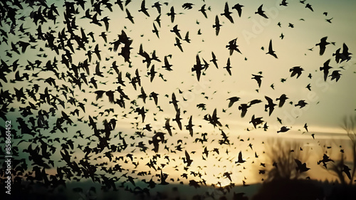 Silhouette of large group of starlings flying, AI Generative. photo