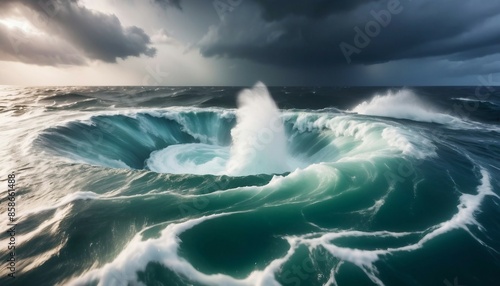 A deep whirlpool in the ocean during a storm.