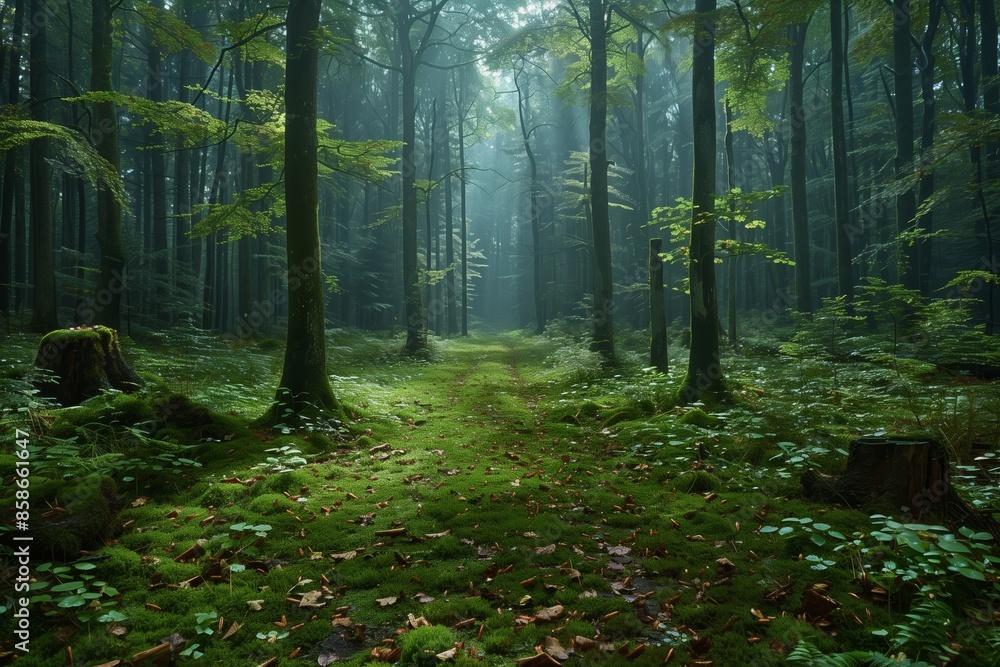 Fototapeta premium A Misty Forest Path Through Tall Trees on a Cloudy Day