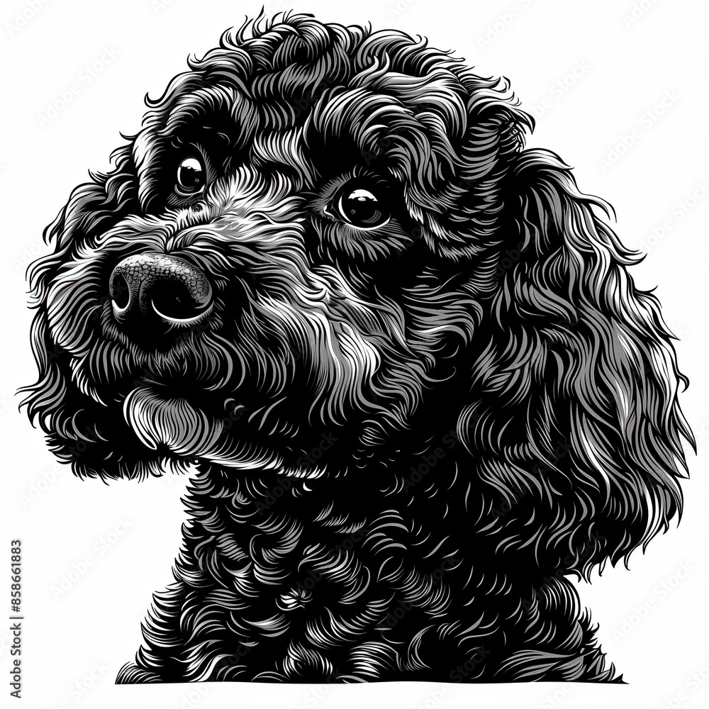 A black and white drawing of a poodle dog A black and white drawing of a poodle dog