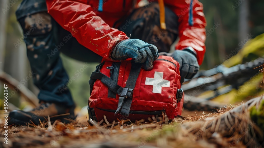 A man in a red jacket is putting a red first aid kit on the ground A man in a red jacket is putting a red first aid kit on the ground