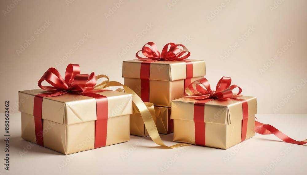 gold-plated gift packages with red ribbons, celebration concept gold-plated gift packages with red ribbons, celebration concept