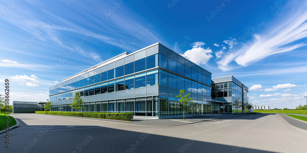 Obraz premium Contemporary Corporate Office in New Condition with Blue Sky Background