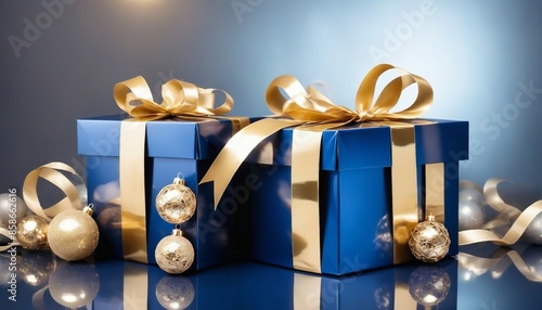 The gift packs are navy blue in color and are wrapped in gold ribbon, evoking a celebratory atmosphere. photo