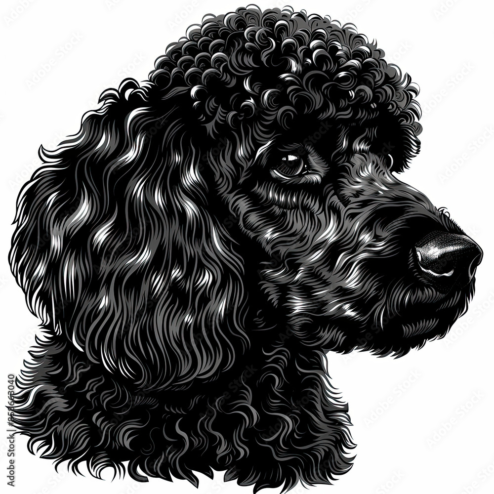 A black and white drawing of a poodle dog A black and white drawing of a poodle dog