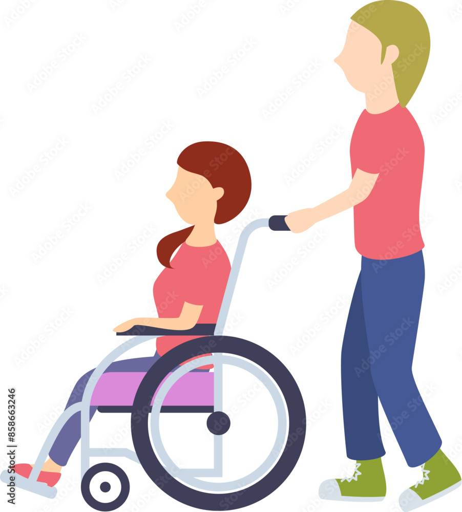 車椅子の女性とそれを押して散歩する男性のカップルのイラスト 車椅子の女性とそれを押して散歩する男性のカップルのイラスト