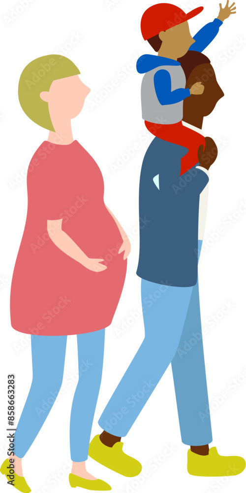 子供を肩車する父親、もう一人妊娠中の母親。異人種間結婚の両親とその子供のイラスト。 子供を肩車する父親、もう一人妊娠中の母親。異人種間結婚の両親とその子供のイラスト。