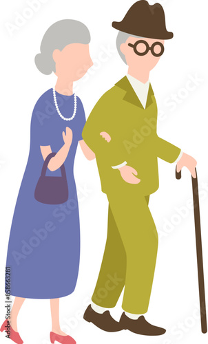 仲良く散歩する老夫婦、シニアカップルのイラスト