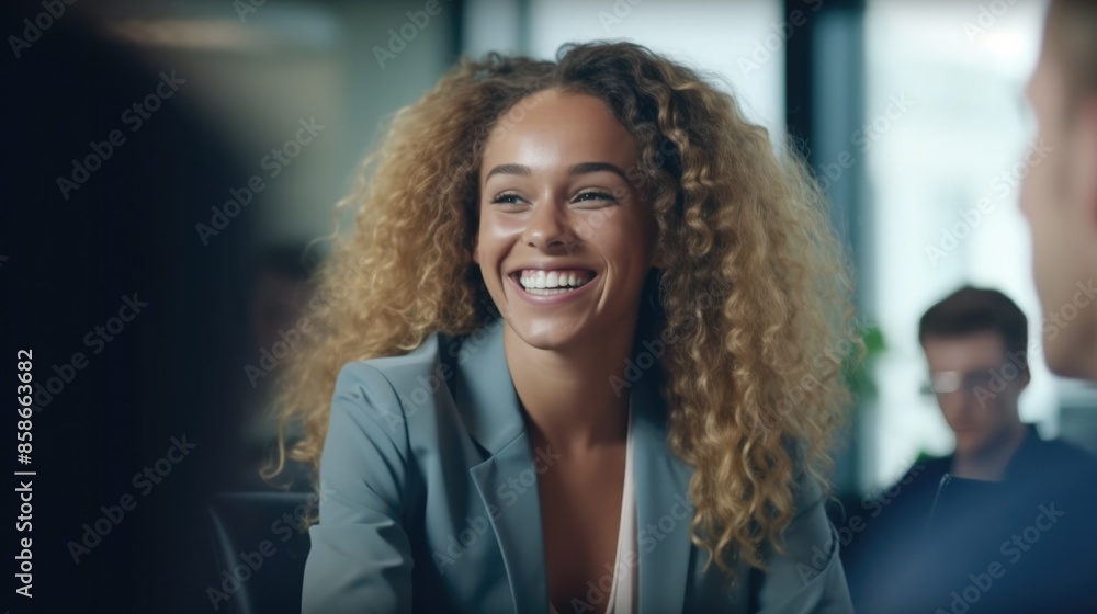 Obraz premium Charming black woman in office, dressed in suit. She sits at a stylish modern desk and smiles sweetly. Diversity concept.