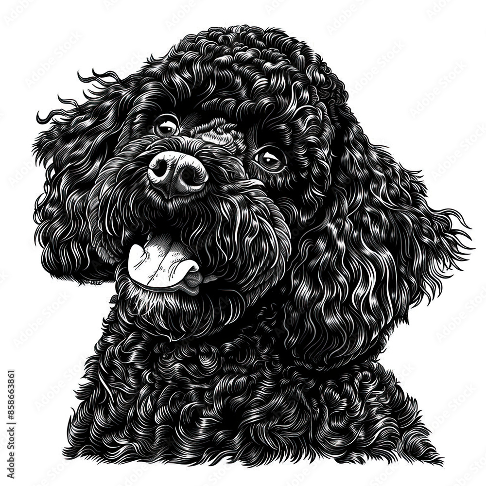 A black and white drawing of a poodle dog A black and white drawing of a poodle dog
