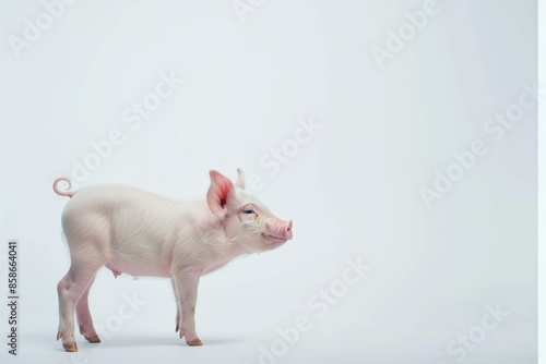 the beside view Babi Landrace Pig standing, left side view, white copy space on right isolated on white background