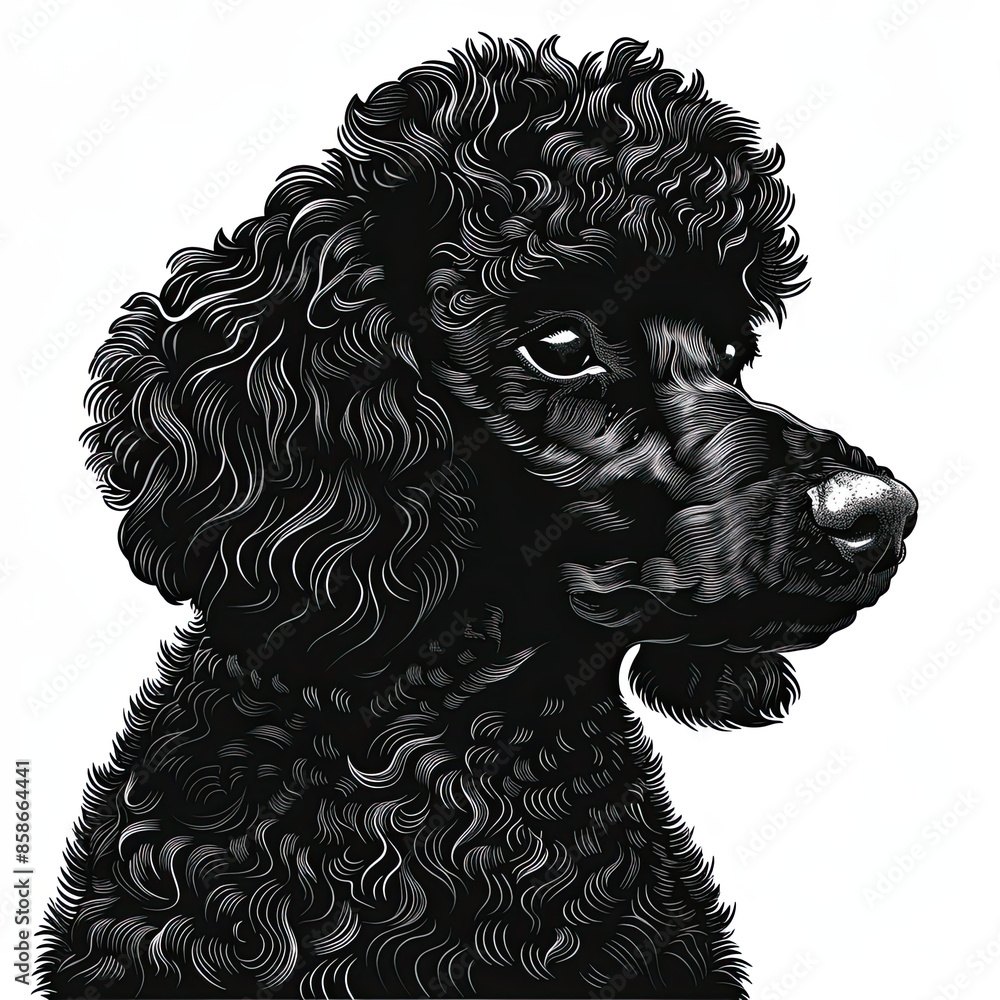 A black and white drawing of a poodle dog A black and white drawing of a poodle dog