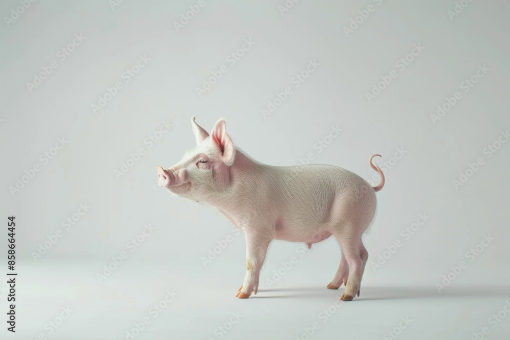 the beside view Pietrain Pig standing, left side view, white copy space on right isolated on white background the beside view Pietrain Pig standing, left side view, white copy space on right isolated on white background