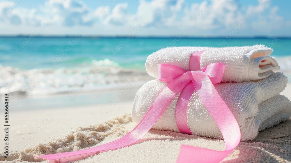 Spa towel with pink ribbon on white sand sea background Spa towel with pink ribbon on white sand sea background