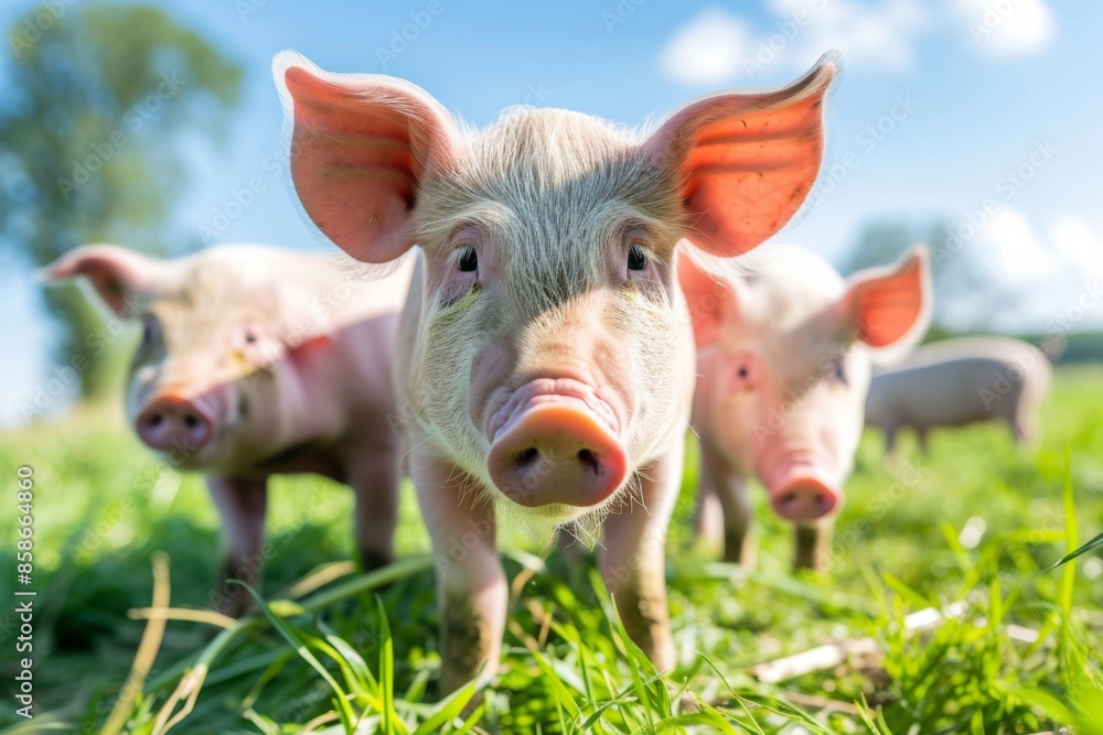 View from beside body of a three Hampshire pig standing on grass, Awe-inspiring, Full body shot ::2 low Angle View View from beside body of a three Hampshire pig standing on grass, Awe-inspiring, Full body shot ::2 low Angle View