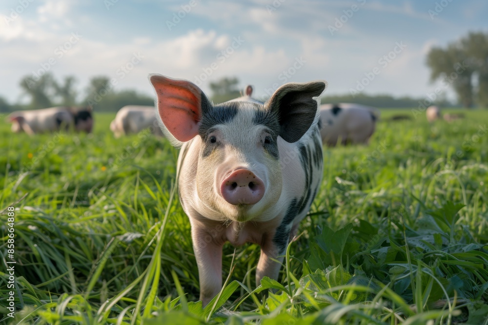View from beside body of a three berkshire pig standing on grass, Awe-inspiring, Full body shot ::2 low Angle View View from beside body of a three berkshire pig standing on grass, Awe-inspiring, Full body shot ::2 low Angle View