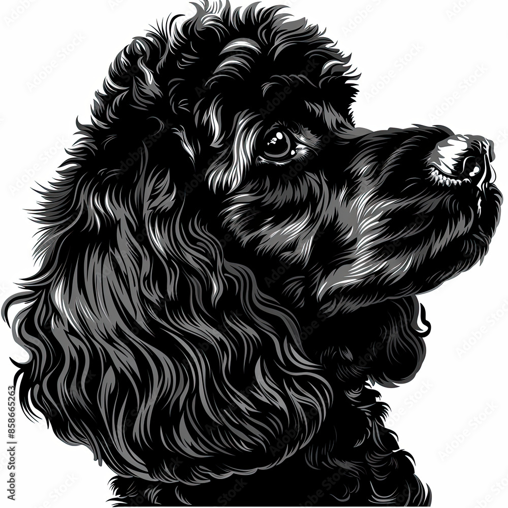 A black and white drawing of a poodle dog A black and white drawing of a poodle dog