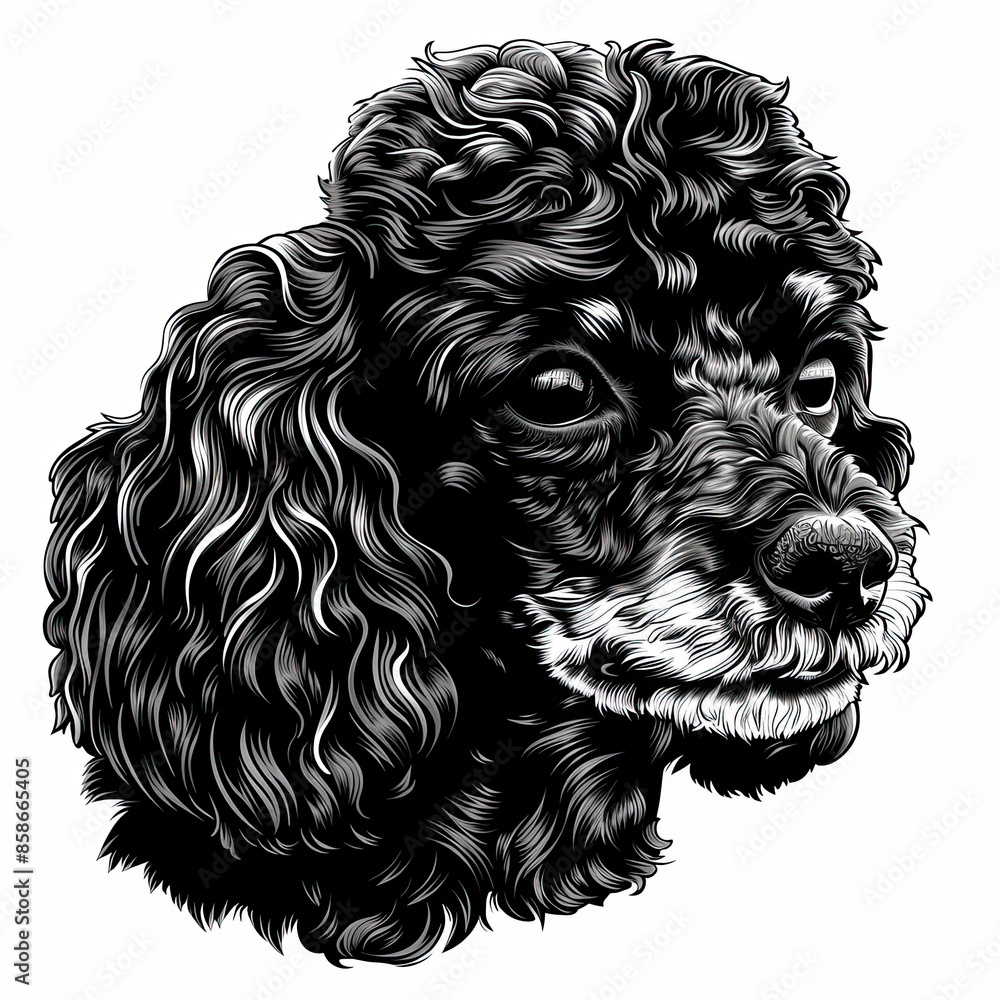 A black and white drawing of a poodle dog A black and white drawing of a poodle dog