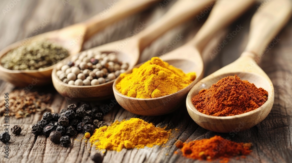 Assorted spices in wooden spoons on wood table including black pepper cumin turmeric saffron and ground pepper Assorted spices in wooden spoons on wood table including black pepper cumin turmeric saffron and ground pepper