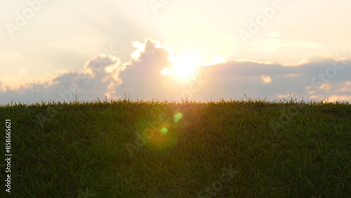 View of the sunset with light spilling through the gaps in the clouds (copy space) photo