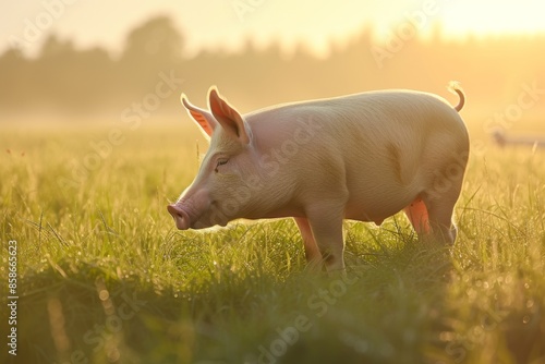 View from side body of a Pietrain pig standing on grass, Awe-inspiring, Full body shot ::2 Side Angle View © Tebha Workspace