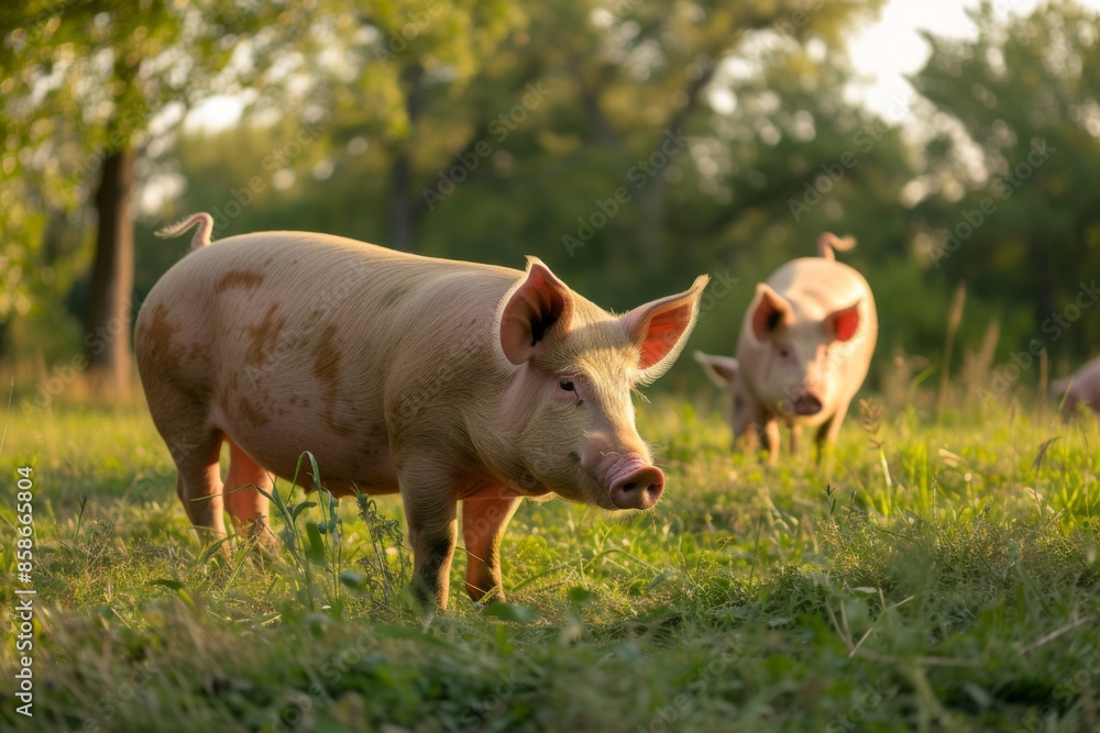 View from side body of a three berkshire pig standing on grass, Awe-inspiring, Full body shot ::2 Side Angle View View from side body of a three berkshire pig standing on grass, Awe-inspiring, Full body shot ::2 Side Angle View