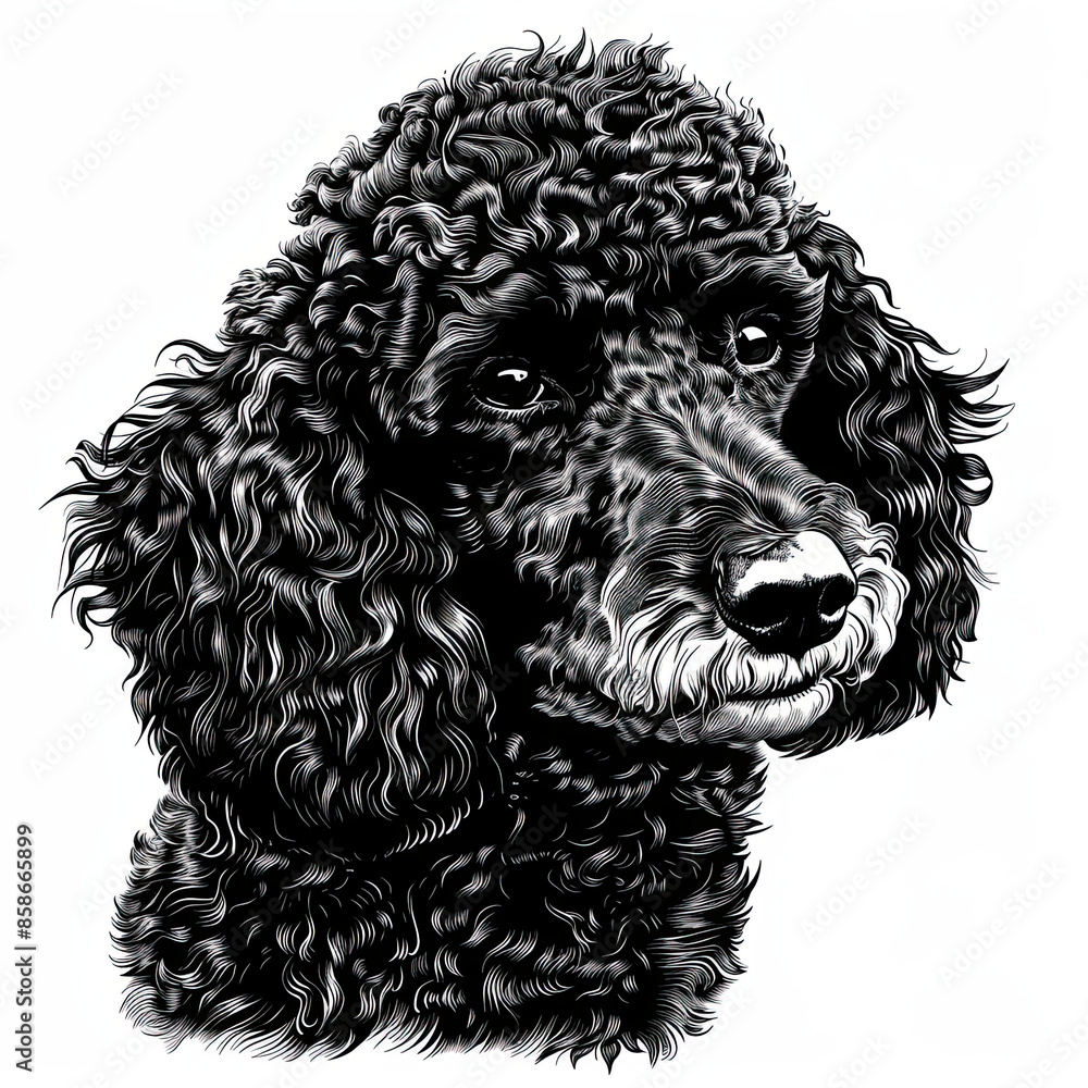 A black and white drawing of a poodle dog A black and white drawing of a poodle dog