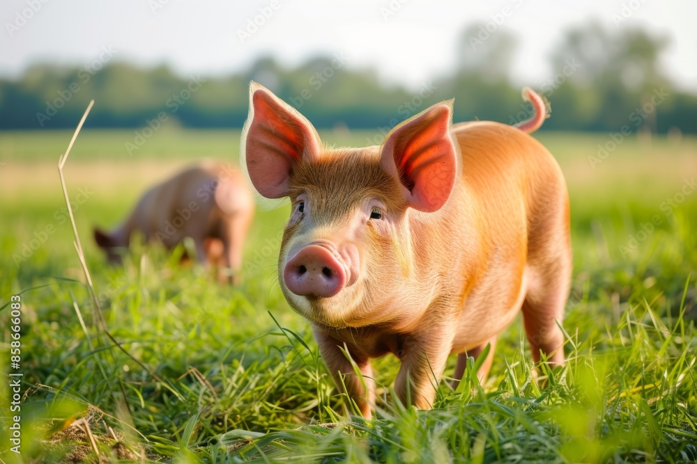 View from side body of a three Duroc pig standing on grass, Awe-inspiring, Full body shot ::2 Side Angle View View from side body of a three Duroc pig standing on grass, Awe-inspiring, Full body shot ::2 Side Angle View