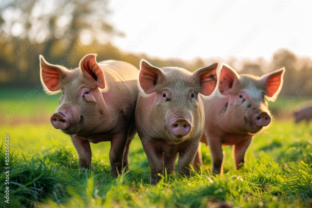 View from side body of a three Hampshire pig standing on grass, Awe-inspiring, Full body shot ::2 Side Angle View View from side body of a three Hampshire pig standing on grass, Awe-inspiring, Full body shot ::2 Side Angle View