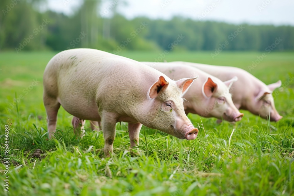 View from side body of a three Landrace pig standing on grass, Awe-inspiring, Full body shot ::2 Side Angle View View from side body of a three Landrace pig standing on grass, Awe-inspiring, Full body shot ::2 Side Angle View