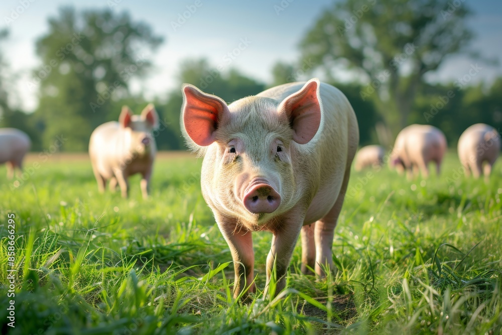 View from side body of a three Hampshire pig standing on grass, Awe-inspiring, Full body shot ::2 Side Angle View View from side body of a three Hampshire pig standing on grass, Awe-inspiring, Full body shot ::2 Side Angle View