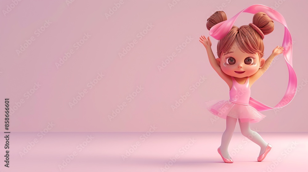 A cute 3D cartoon ballerina girl in a pink tutu holds a pink ribbon, against a pink background. A cute 3D cartoon ballerina girl in a pink tutu holds a pink ribbon, against a pink background.