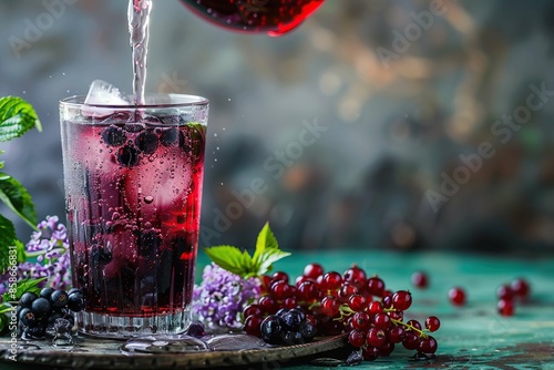 Pouring black currant syrup into iced tea