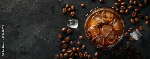 Iced coffee with coffee beans and ice cubes on dark background, top view. Refreshing summer drink concept