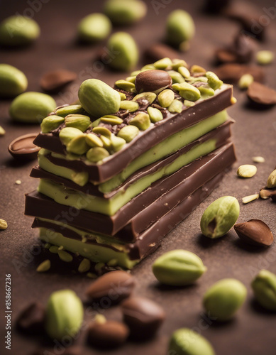 A bar of chocolate containing pistachios. photo