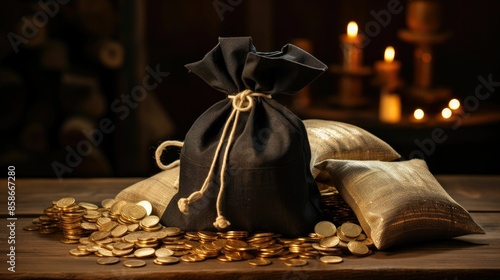 A rustic moneybag filled to the brim with golden coins, placed on a wooden table, symbolizing wealth and abundance