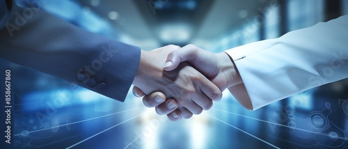 Business handshake in modern office hallway, symbolizing partnership, agreement, teamwork, and collaboration in a professional setting.