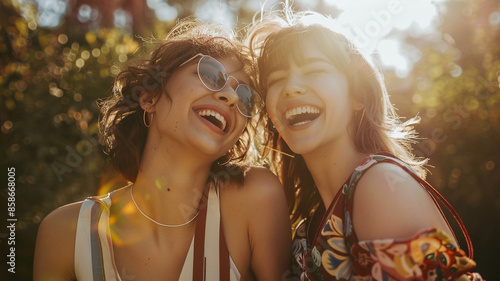 Two women smiling and laughing in sunlight