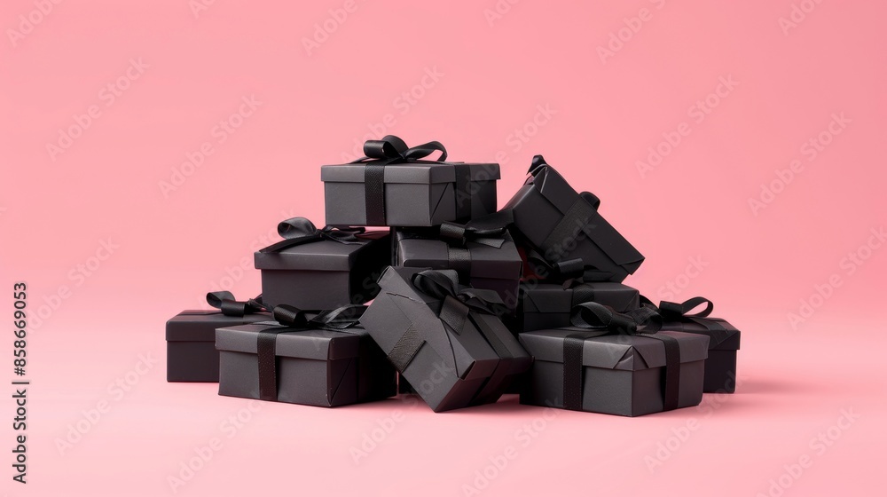 Pile of dark gift boxes on a pastel pink backdrop, visually appealing contrast, raw and detailed texture, simple yet elegant Pile of dark gift boxes on a pastel pink backdrop, visually appealing contrast, raw and detailed texture, simple yet elegant