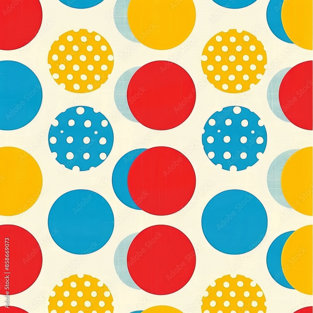 Generate a repeating plain pattern with polka dots of varying sizes. Use bright and cheerful colors like red, yellow, and blue. The design should be playful and fun, perfect for children's fabric. Generate a repeating plain pattern with polka dots of varying sizes. Use bright and cheerful colors like red, yellow, and blue. The design should be playful and fun, perfect for children's fabric.