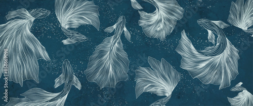 Luxury art background with hand drawn koi fish in golden line art style. Vector banner with oriental pattern for wallpaper, decor, print, textile, poster, interior design.