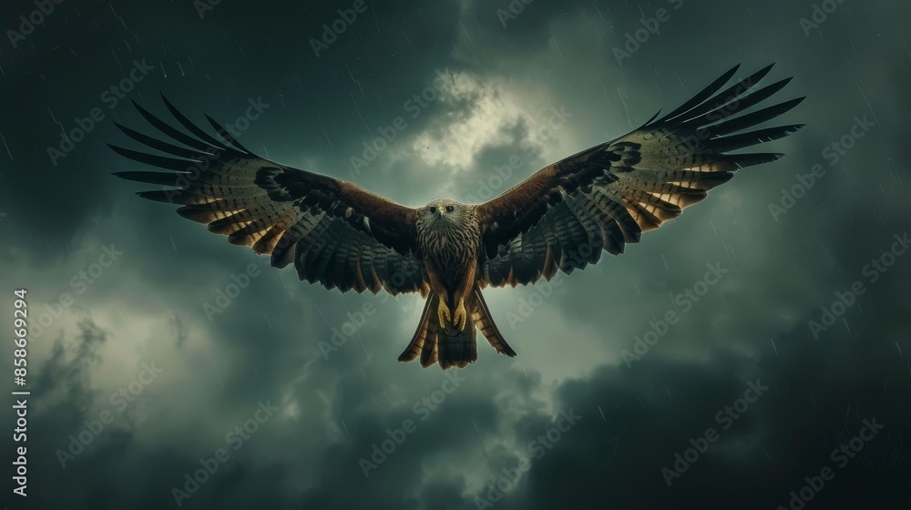 Obraz premium Red kite in flight, stormy sky as the background, looking up at its spread wings, raw and dramatic, powerful imagery