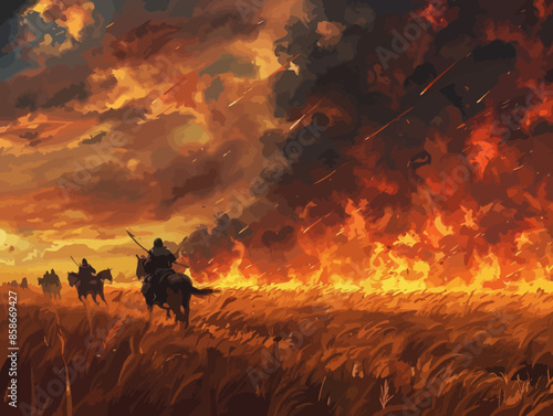 Apocalyptic Battlefield: Epic Clash Amidst a Blazing Inferno