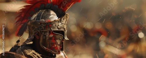 Roman gladiator helmet with red plume in battle scene, historical reenactment and war concept photo