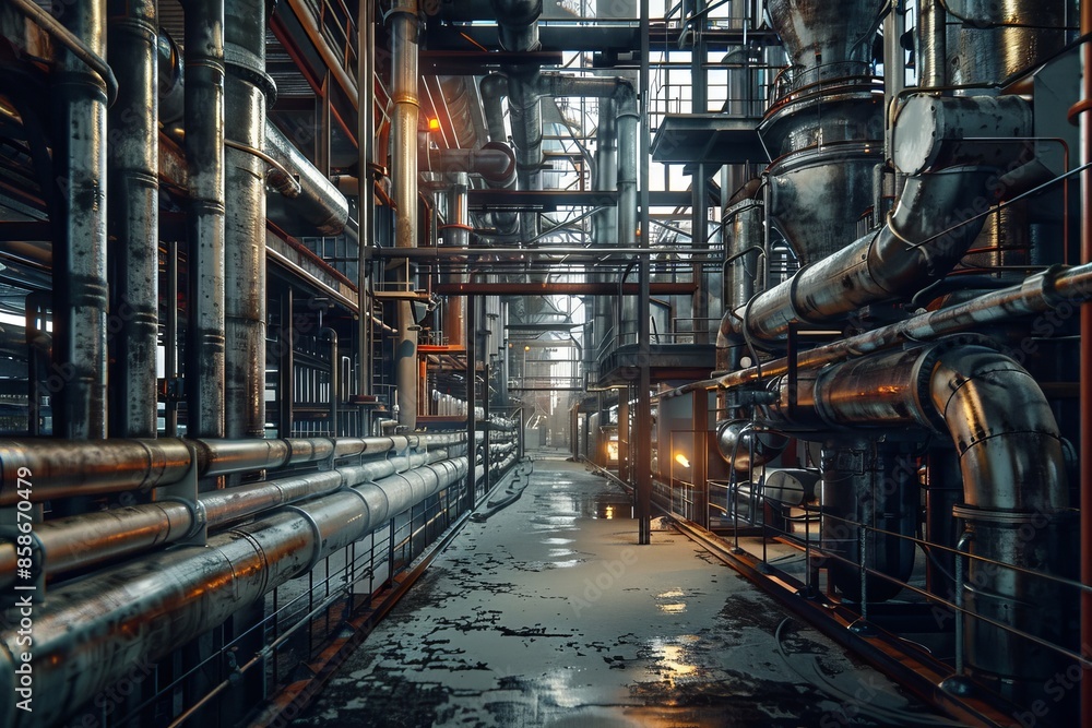 Lots of industry pipelines inside refinery complex. Postproducted generative Lots of industry pipelines inside refinery complex. Postproducted generative