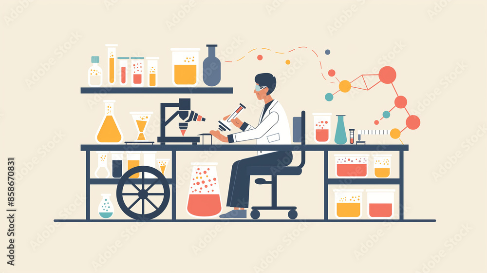 A flat design of a person with a disability working in a lab, Disability Pride Month, flat design, with copy space A flat design of a person with a disability working in a lab, Disability Pride Month, flat design, with copy space